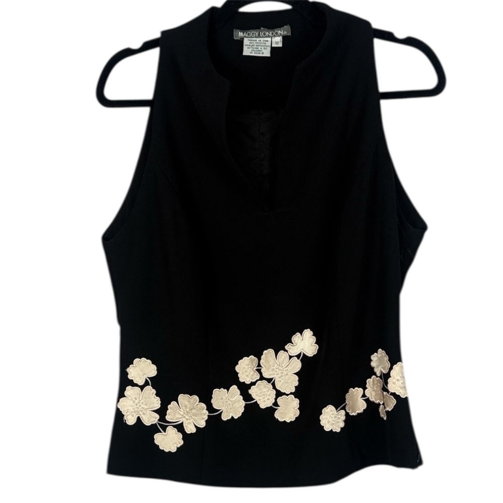 Maggy London Vintage Black Top Cream Floral Appliqué Sleeveless Top Size 12